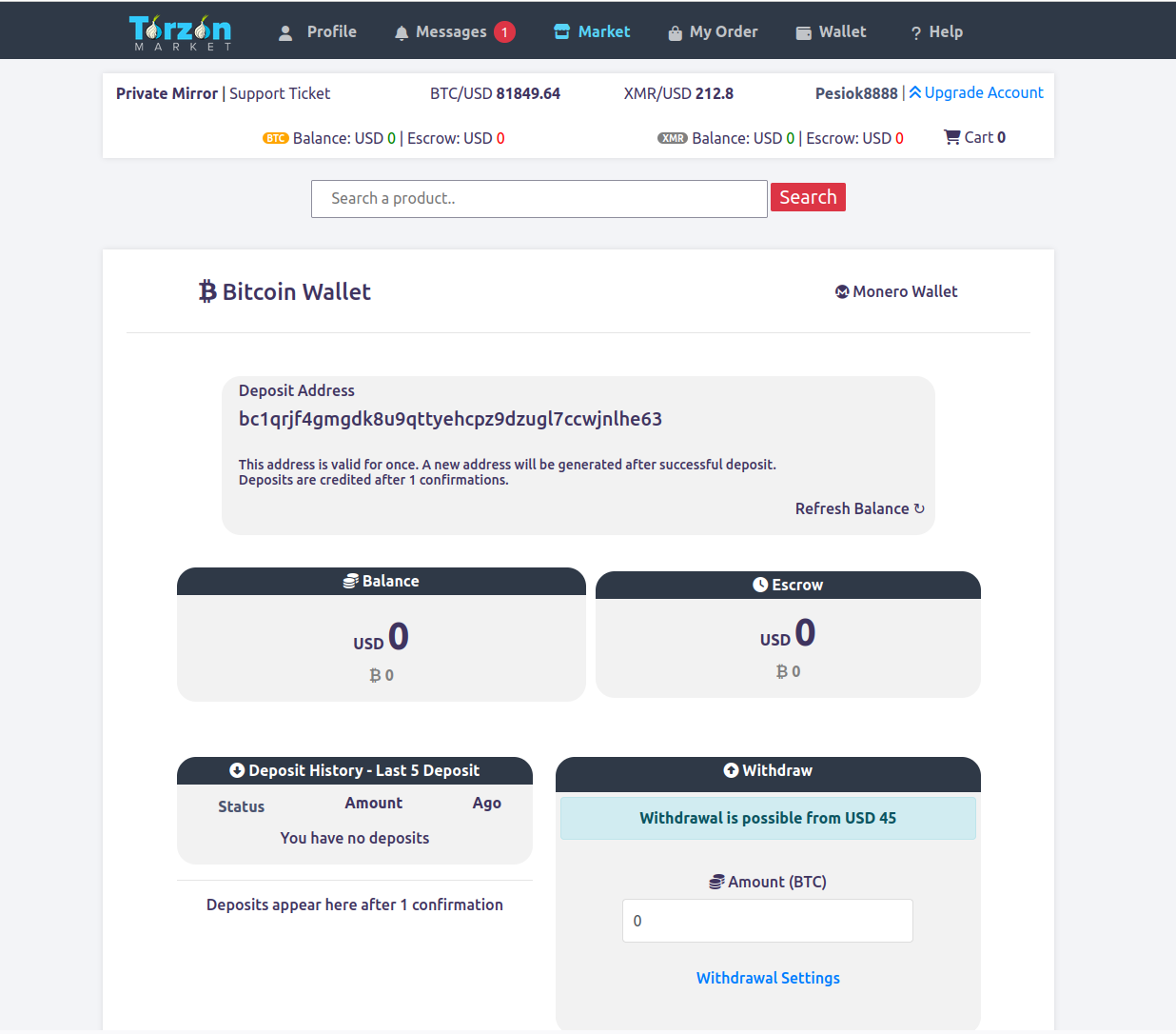 Cryptocurrency Wallet Interface - Torzon Market Secure Wallet
